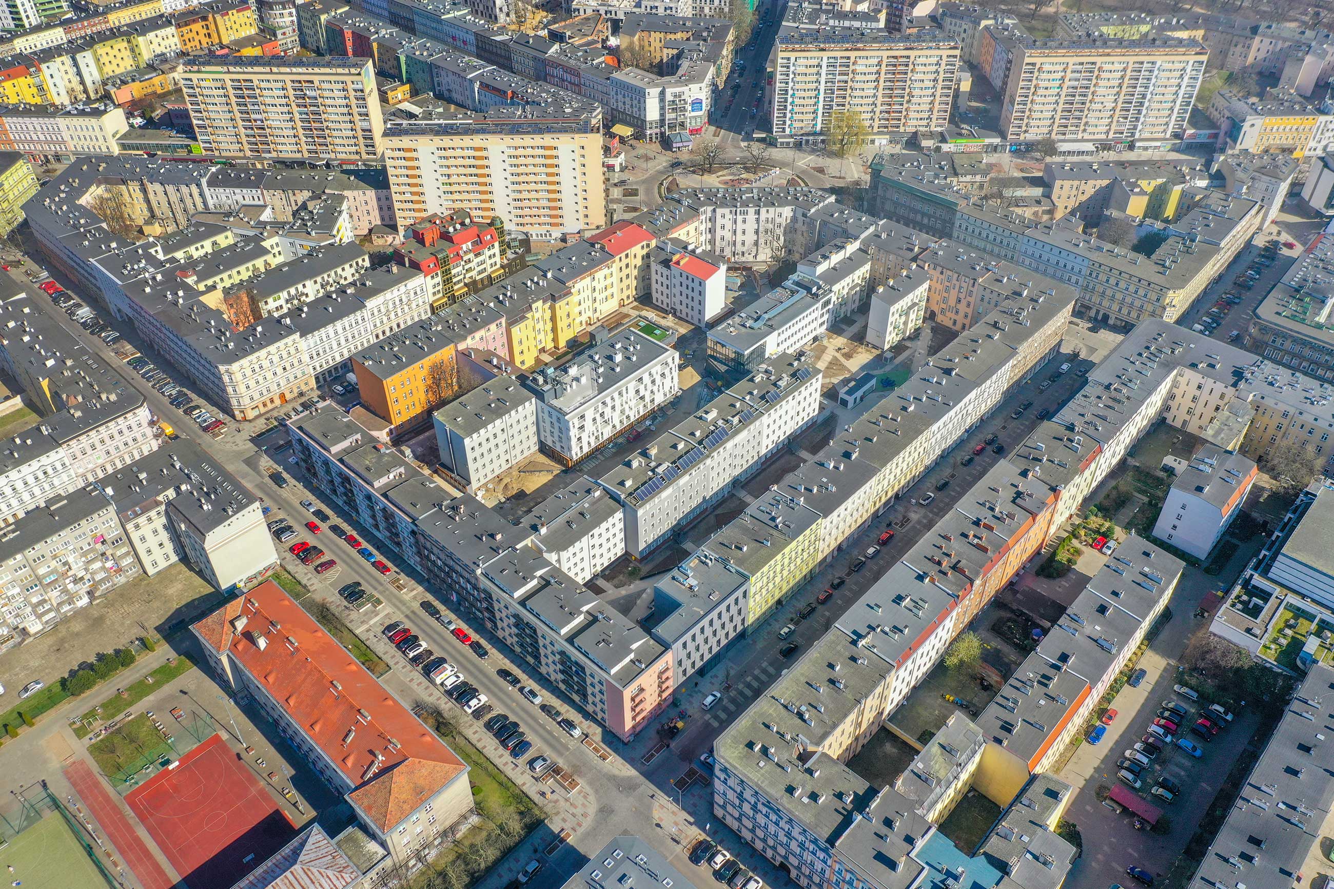 Widok na kwartał 36 z lotu ptaka od ulic Andrzeja Małkowskiego i Księcia Bogusława.